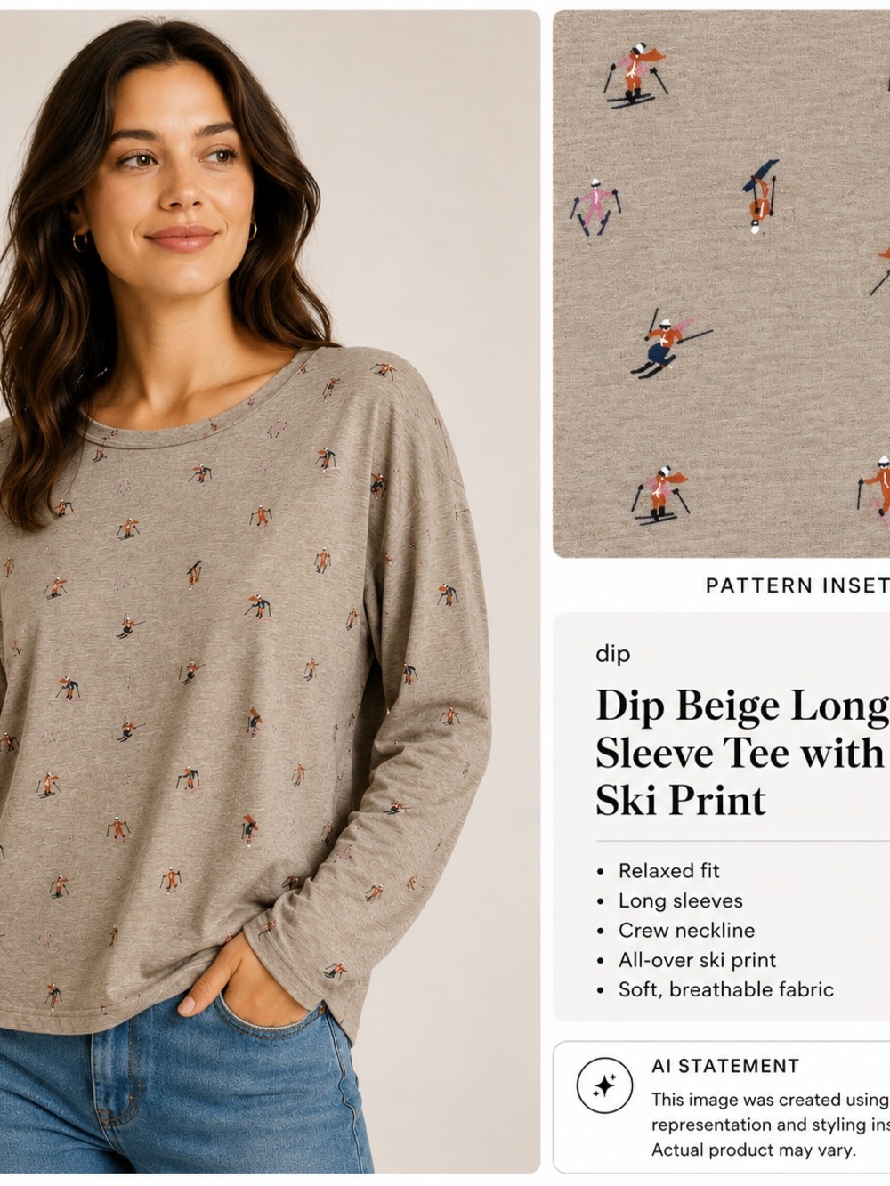 Dip Beige Long Sleeve Tee with Ski Print